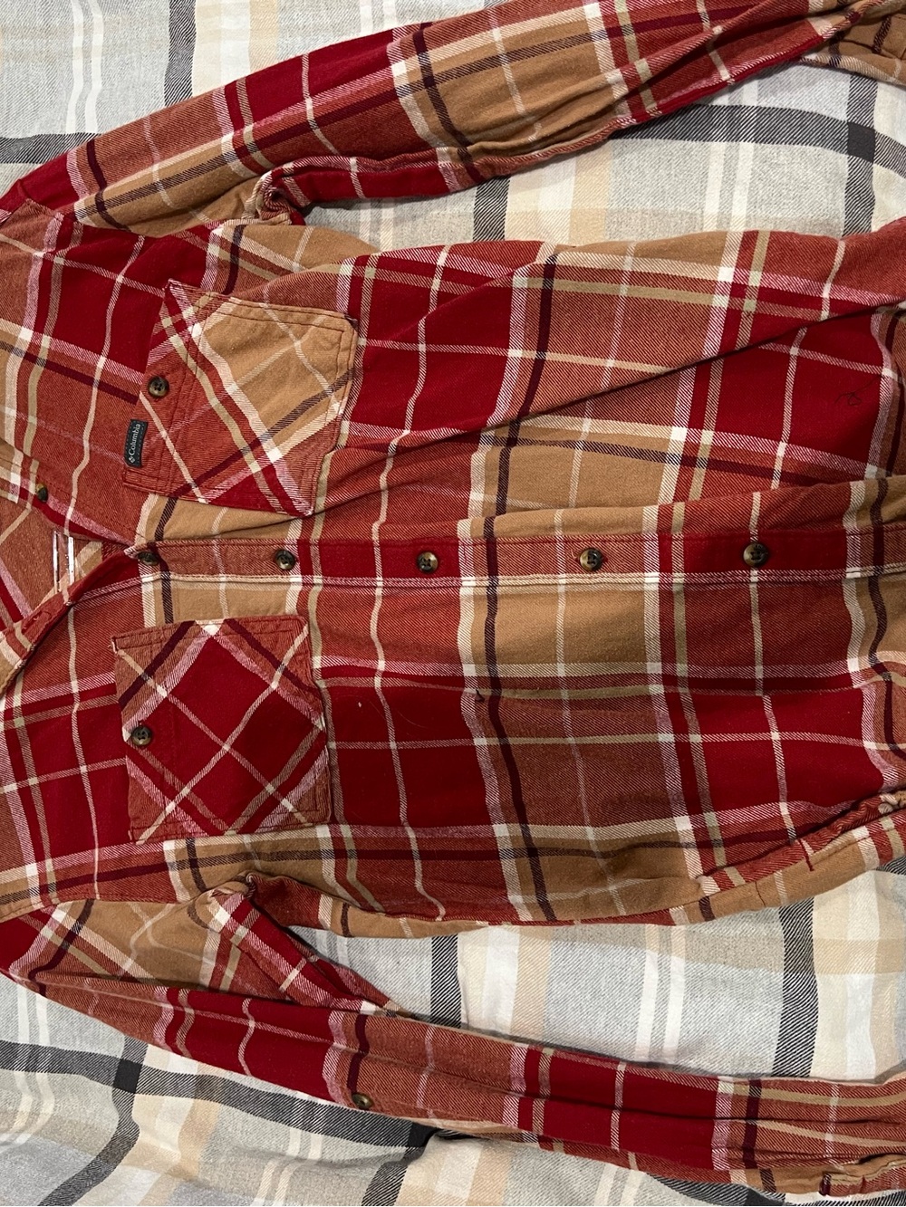 Columbia Red and Tan Plaid Button-Front Shirt